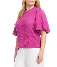 Karen Kane Plus Size Textured Knit Crew Neck Short Puff Sleeve Top