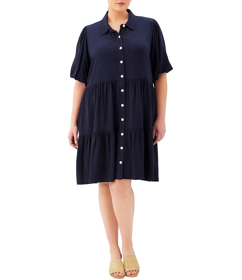 Karen Kane Plus Size Twill Point Collar Short Sleeve Tiered Button-front Shirtdress