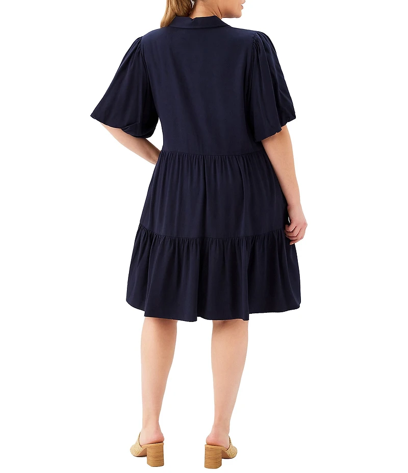 Karen Kane Plus Size Twill Point Collar Short Sleeve Tiered Button-front Shirtdress