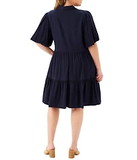 Karen Kane Plus Size Twill Point Collar Short Sleeve Tiered Button-front Shirtdress