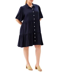 Karen Kane Plus Size Twill Point Collar Short Sleeve Tiered Button-front Shirtdress