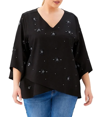 Karen Kane Plus Size Twill Woven Embellished V-Neck 3/4 Sleeve Asymmetric Hem Top