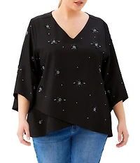 Karen Kane Plus Size Twill Woven Embellished V-Neck 3/4 Sleeve Asymmetric Hem Top