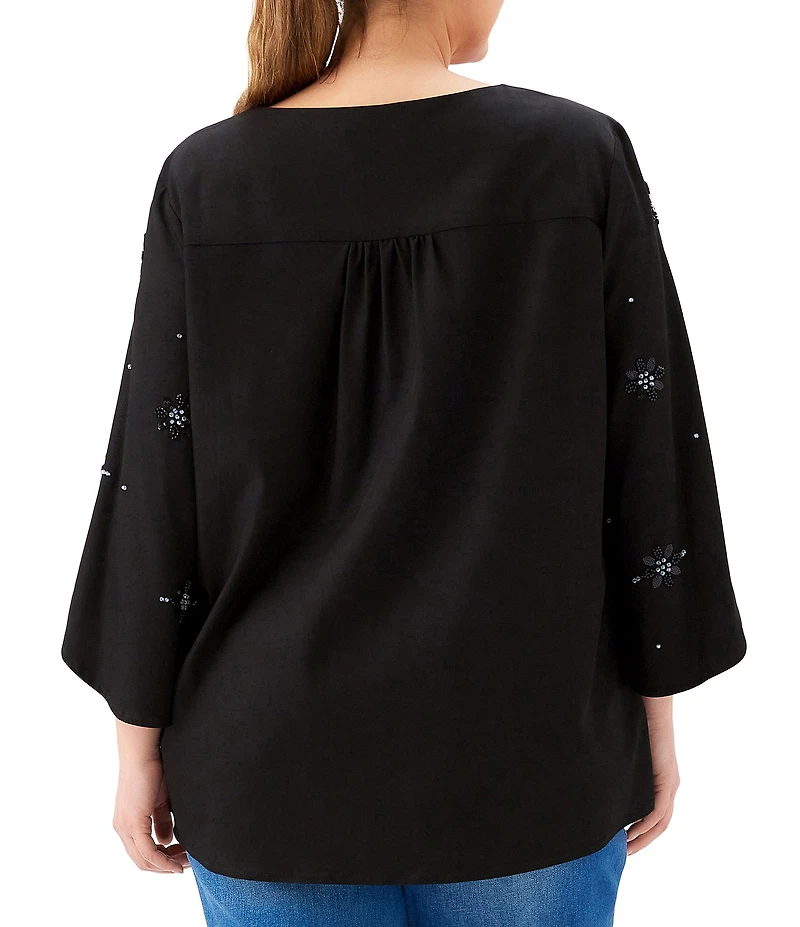 Karen Kane Plus Size Twill Woven Embellished V-Neck 3/4 Sleeve Asymmetric Hem Top