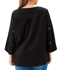 Karen Kane Plus Size Twill Woven Embellished V-Neck 3/4 Sleeve Asymmetric Hem Top