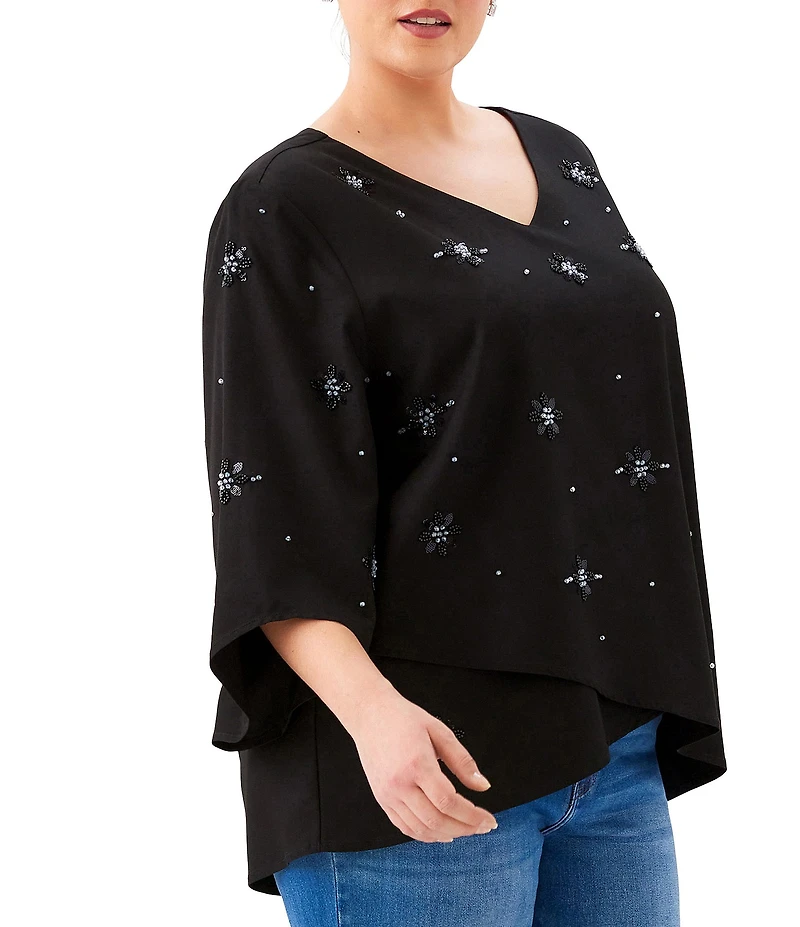 Karen Kane Plus Size Twill Woven Embellished V-Neck 3/4 Sleeve Asymmetric Hem Top