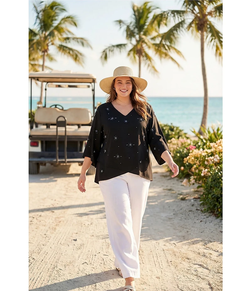 Karen Kane Plus Size Twill Woven Embellished V-Neck 3/4 Sleeve Asymmetric Hem Top