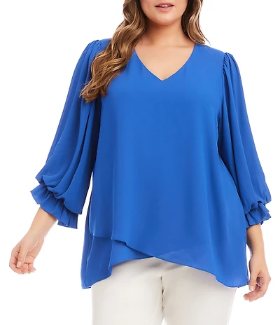 Karen Kane Plus Size V-Neck 3/4 Lantern Sleeves Asymmetric Layered Hem Top