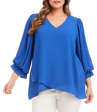 Karen Kane Plus Size V-Neck 3/4 Lantern Sleeves Asymmetric Layered Hem Top