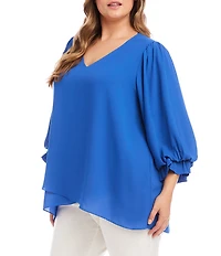 Karen Kane Plus Size V-Neck 3/4 Lantern Sleeves Asymmetric Layered Hem Top