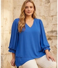 Karen Kane Plus Size V-Neck 3/4 Lantern Sleeves Asymmetric Layered Hem Top