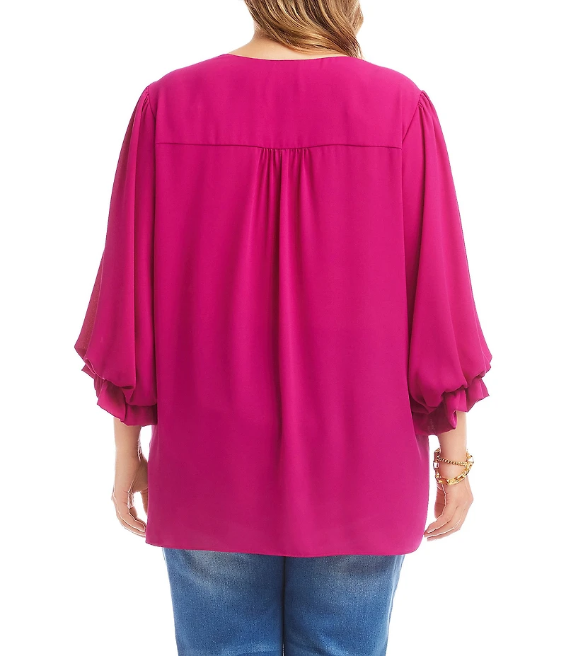 Karen Kane Plus Size V-Neck 3/4 Lantern Sleeves Asymmetric Layered Hem Top
