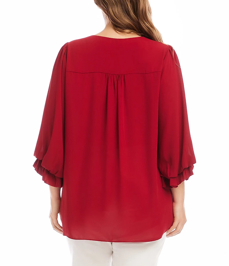 Karen Kane Plus Size V-Neck 3/4 Lantern Sleeves Asymmetric Layered Hem Top
