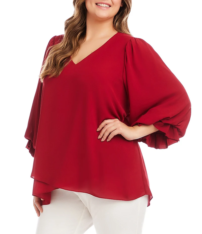 Karen Kane Plus Size V-Neck 3/4 Lantern Sleeves Asymmetric Layered Hem Top