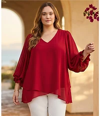 Karen Kane Plus Size V-Neck 3/4 Lantern Sleeves Asymmetric Layered Hem Top