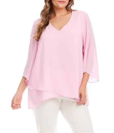 Karen Kane Plus Size V-Neck 3/4 Sleeve Crossover Hem Silky Crepe Top