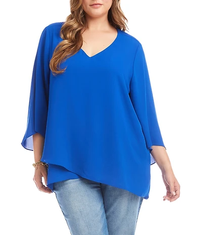 Karen Kane Plus Size V-Neck 3/4 Sleeve Crossover Hem Silky Crepe Top