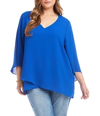 Karen Kane Plus Size V-Neck 3/4 Sleeve Crossover Hem Silky Crepe Top