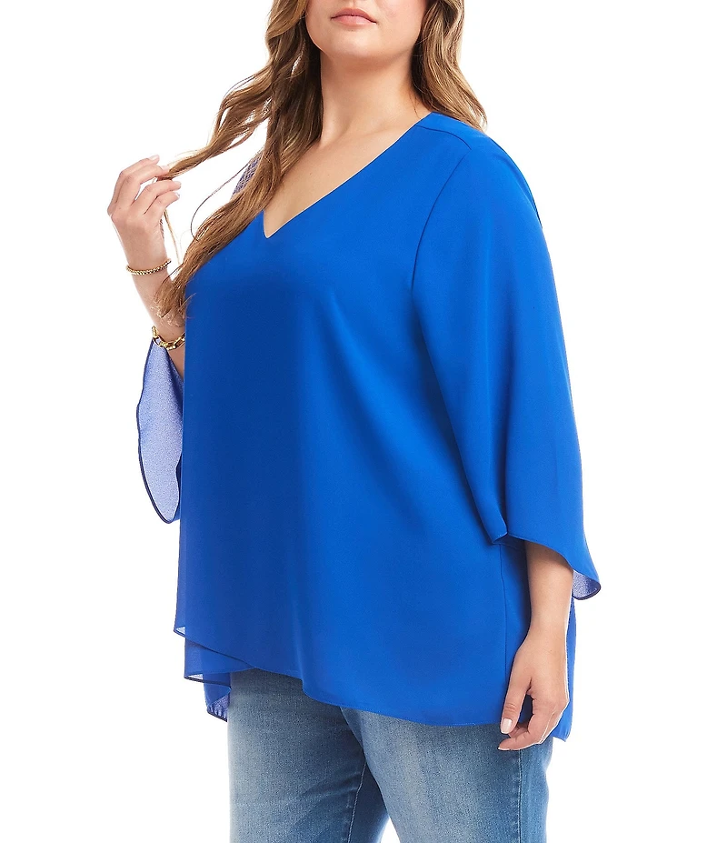 Karen Kane Plus Size V-Neck 3/4 Sleeve Crossover Hem Silky Crepe Top