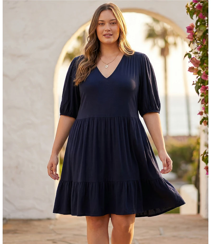 Karen Kane Plus Size V-Neck Short Sleeve A-Line Dress