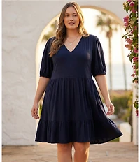 Karen Kane Plus Size V-Neck Short Sleeve A-Line Dress