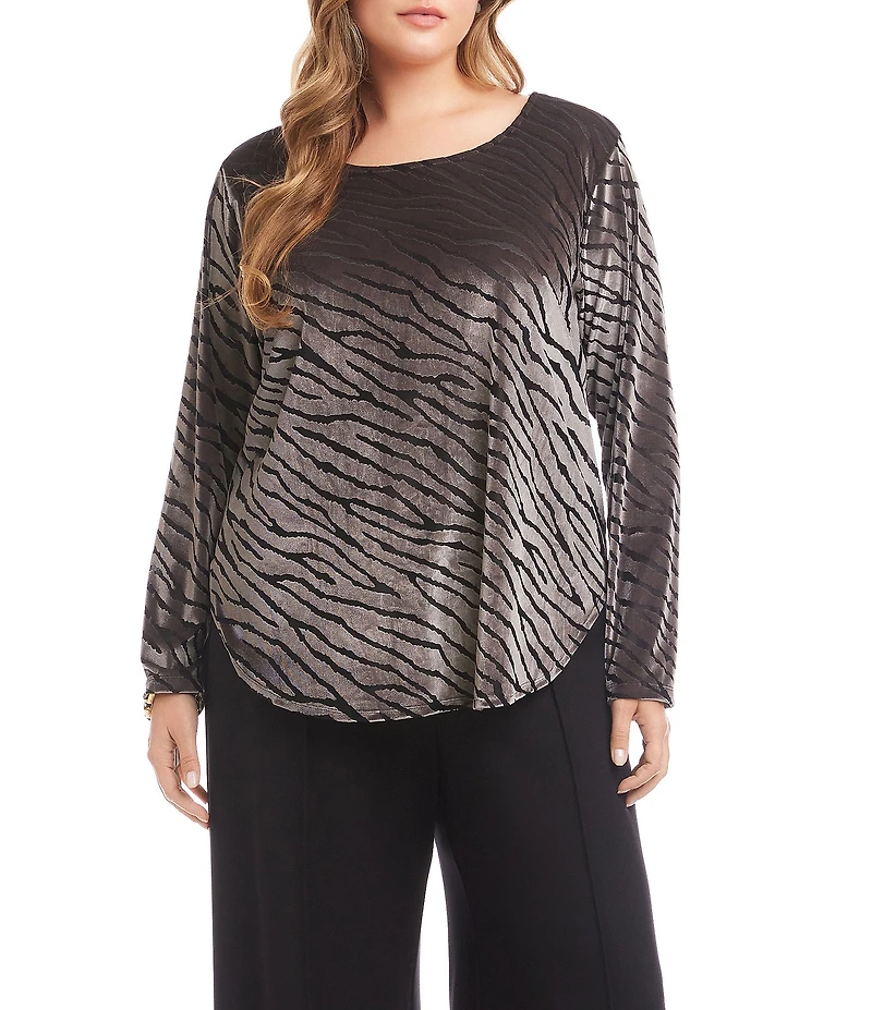 Karen Kane Plus Size Velvet Burnout Abstract Zebra Scoop Neck Long Sleeve Shirttail Hem Top