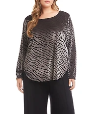 Karen Kane Plus Size Velvet Burnout Abstract Zebra Scoop Neck Long Sleeve Shirttail Hem Top