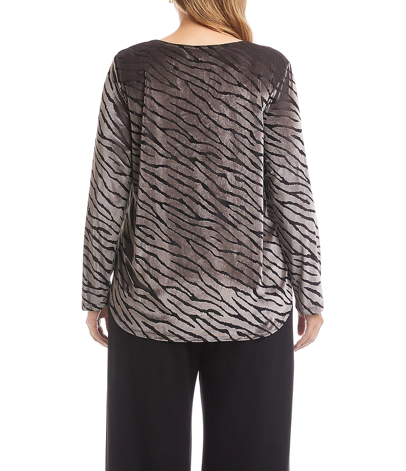 Karen Kane Plus Size Velvet Burnout Abstract Zebra Scoop Neck Long Sleeve Shirttail Hem Top