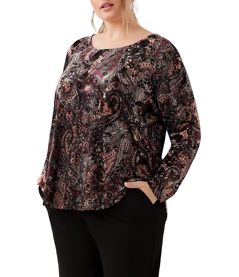 Karen Kane Plus Size Velvet Burnout Boat Neck Long Sleeve Top