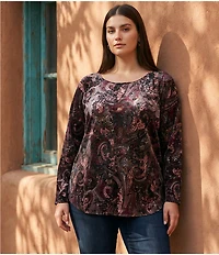 Karen Kane Plus Size Velvet Burnout Boat Neck Long Sleeve Top