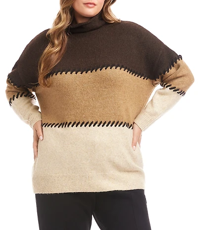 Karen Kane Plus Size Wool Blend Color Block Contrast Stitching Mock Neck Long Sleeve Sweater