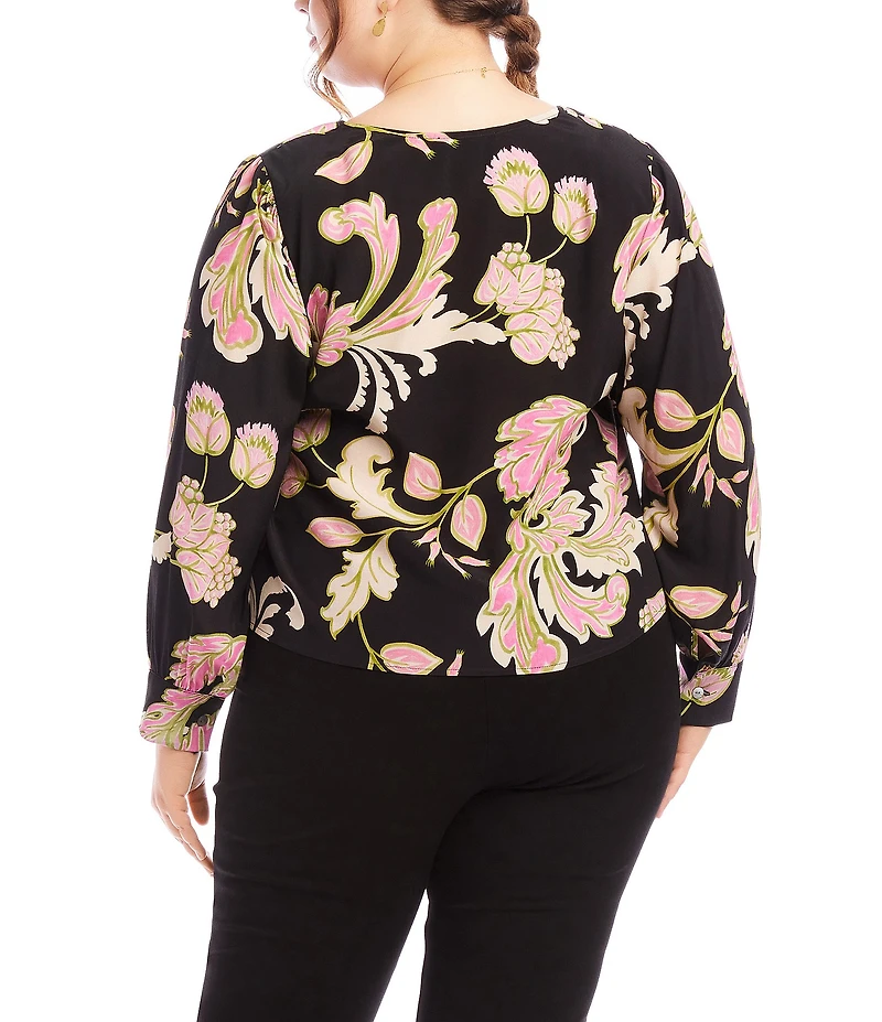 Karen Kane Plus Size Woven Floral Surplice V-Neck Long Sleeve Layered Drape Front Coordinating Blouse