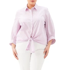 Karen Kane Plus Size Yarn-Dye Stripe Embellished 3/4 Blouson Sleeve Point Collar Tie-Front Top