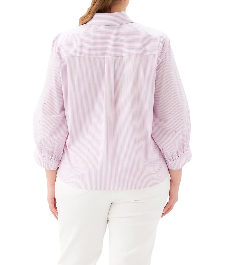 Karen Kane Plus Size Yarn-Dye Stripe Embellished 3/4 Blouson Sleeve Point Collar Tie-Front Top