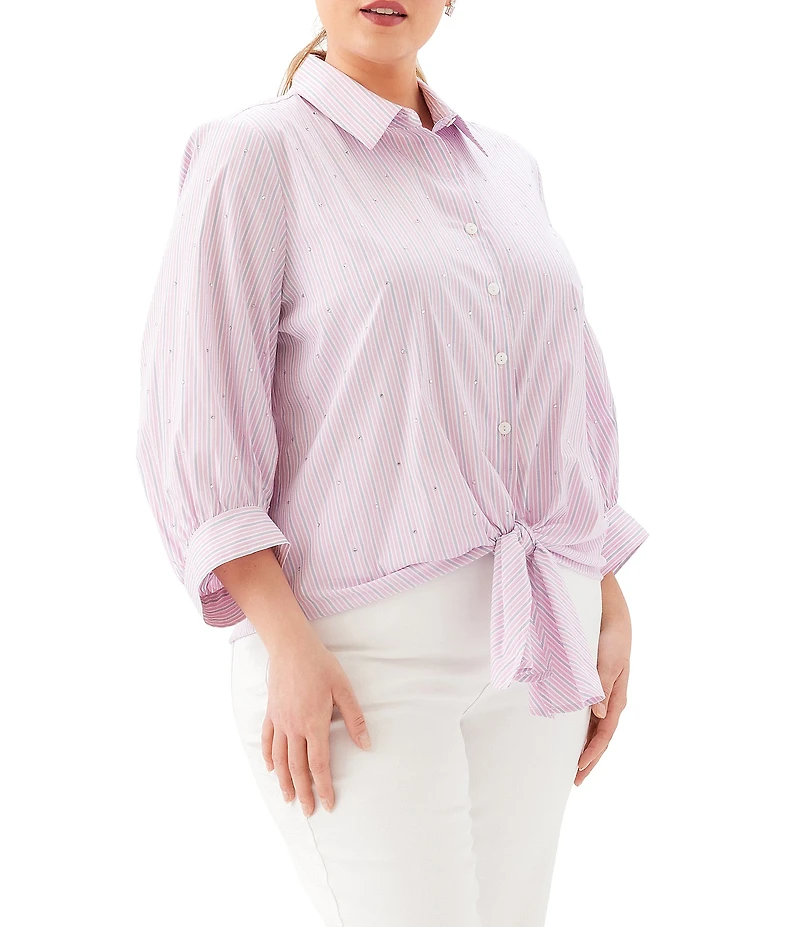 Karen Kane Plus Size Yarn-Dye Stripe Embellished 3/4 Blouson Sleeve Point Collar Tie-Front Top