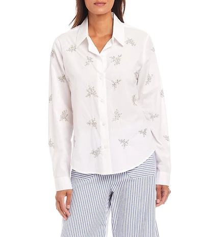 Karen Kane Point Collar Long Sleeve Soft Cotton Embellished Shirt