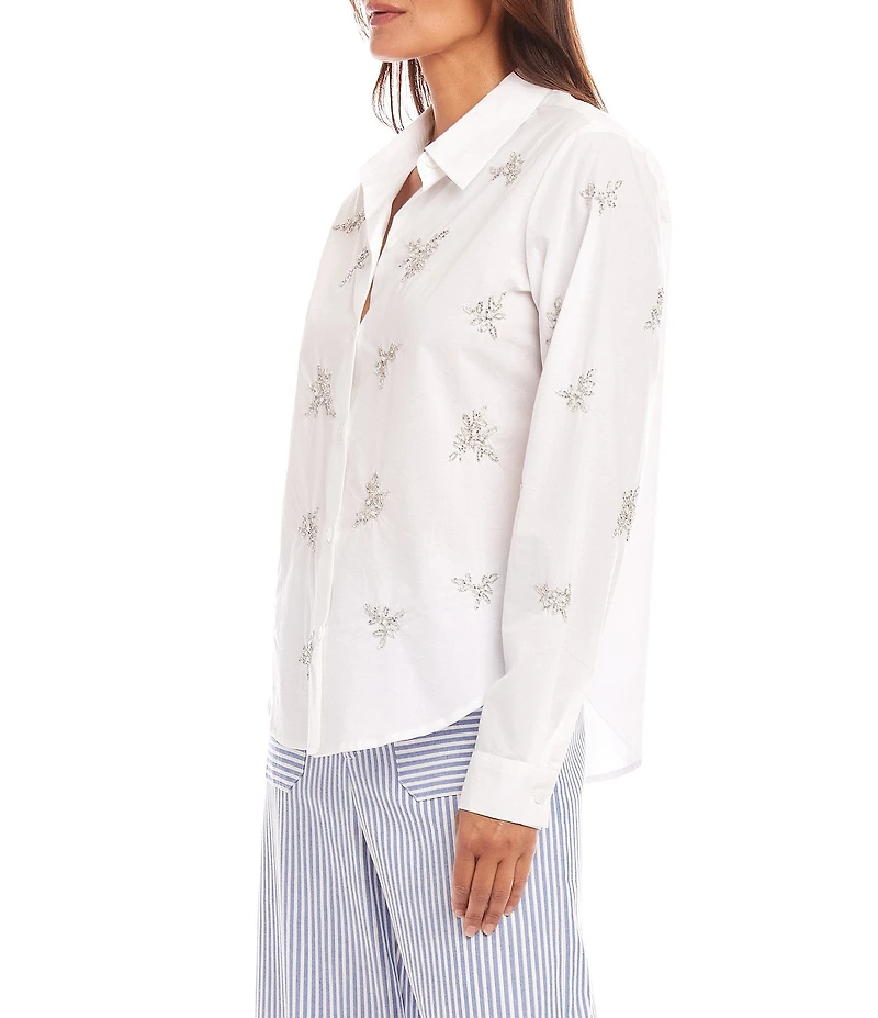 Karen Kane Point Collar Long Sleeve Soft Cotton Embellished Shirt