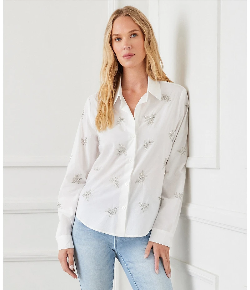 Karen Kane Point Collar Long Sleeve Soft Cotton Embellished Shirt