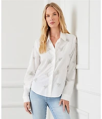 Karen Kane Point Collar Long Sleeve Soft Cotton Embellished Shirt