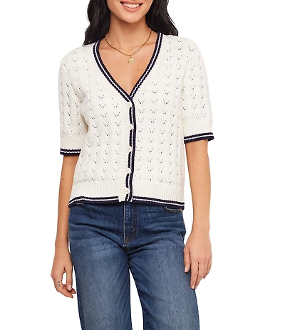 Karen Kane Pointelle Contrast Trim V-Neck Short Sleeve Cardigan