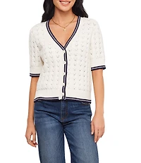 Karen Kane Pointelle Contrast Trim V-Neck Short Sleeve Cardigan