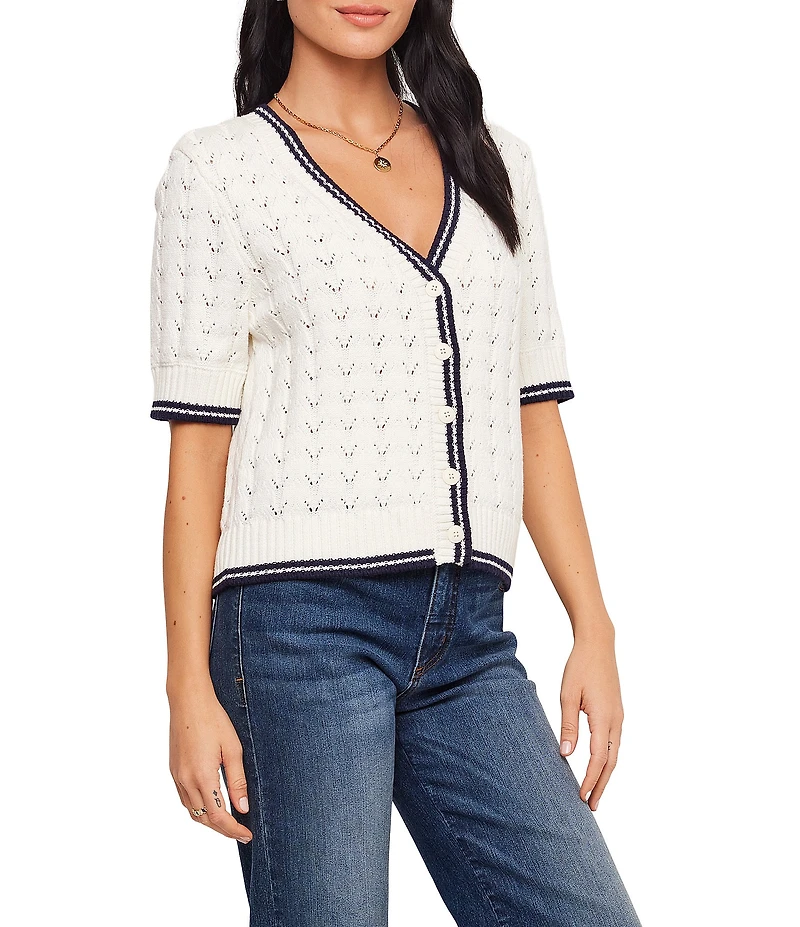 Karen Kane Pointelle Contrast Trim V-Neck Short Sleeve Cardigan