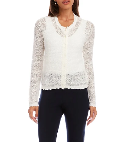 Karen Kane Pointelle Scalloped Trim Crew Neck Long Sleeve Button Front Cardigan