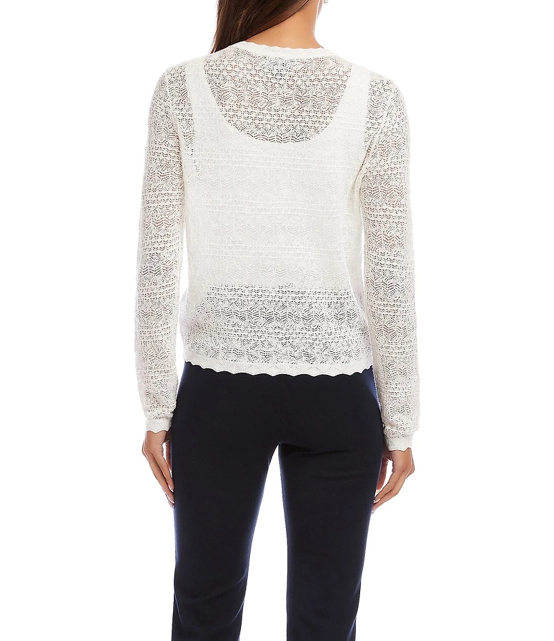 Karen Kane Pointelle Scalloped Trim Crew Neck Long Sleeve Button Front Cardigan