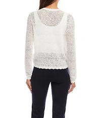 Karen Kane Pointelle Scalloped Trim Crew Neck Long Sleeve Button Front Cardigan
