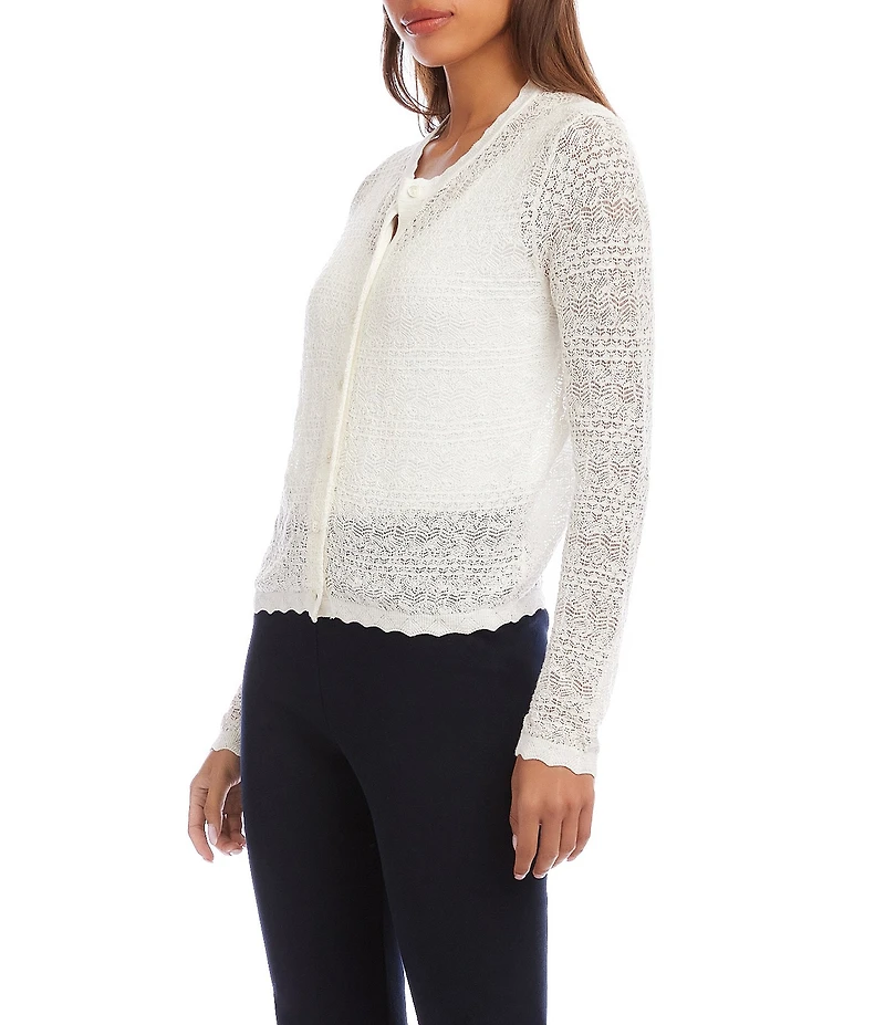 Karen Kane Pointelle Scalloped Trim Crew Neck Long Sleeve Button Front Cardigan