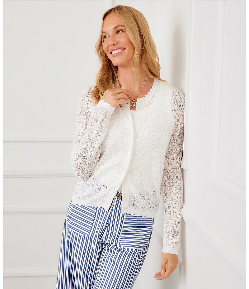 Karen Kane Pointelle Scalloped Trim Crew Neck Long Sleeve Button Front Cardigan