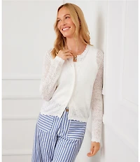 Karen Kane Pointelle Scalloped Trim Crew Neck Long Sleeve Button Front Cardigan