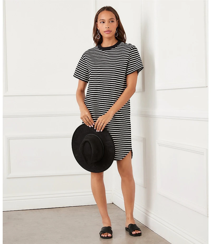 Karen Kane Ponte Knit Stripe Crew Neck Short Sleeve Shift Dress