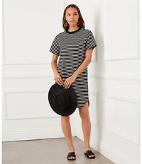 Karen Kane Ponte Knit Stripe Crew Neck Short Sleeve Shift Dress